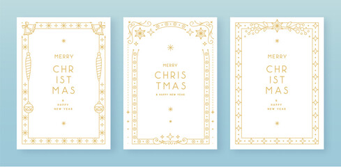 Set of modern Christmas frames or holiday greeting cards on white background. Line art vector illustration