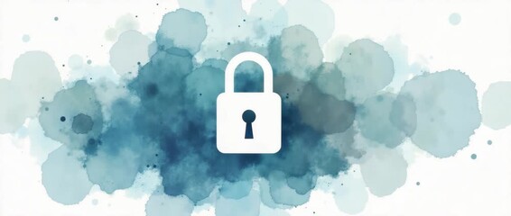 A watercolor-style lock icon gently pulses as the camera slowly pans, surrounded by abstract blue splashes, conveying digital security and privacy with ambient motion and clean design. - Powered by Adobe