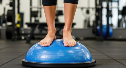 Naklejka premium Caucasian female balancing on blue exercise ball in gym