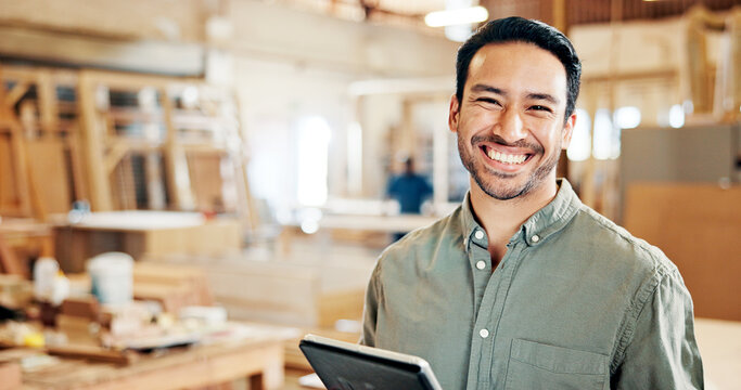 Man, carpenter and tablet in portrait at workshop with confidence, smile and furniture manufacturing. Person, small business owner and happy with tech for woodwork, application and excited at factory - Powered by Adobe