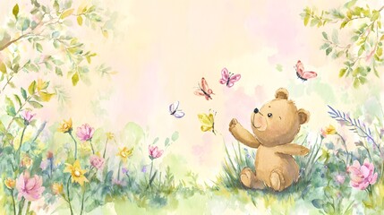 Playful baby bear catches butterflies in a sweet spring meadow watercolor illustration art