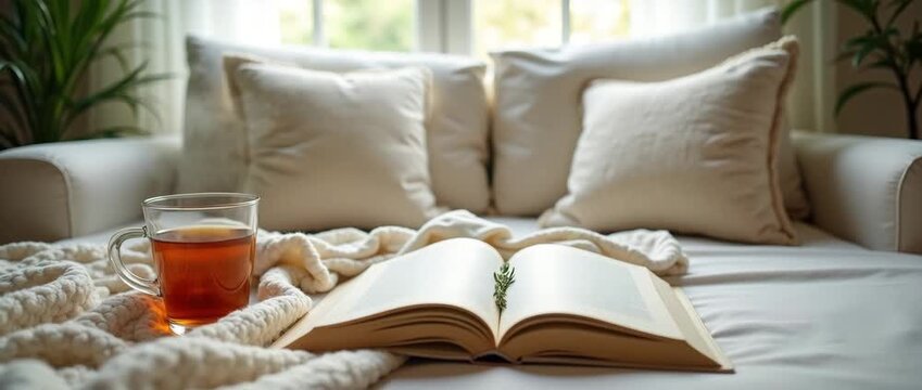 Cozy reading nook with a steaming cup of tea on a plush sofa; camera gently pans, capturing ambient light flicker and soft fabric textures in a serene, cinematic style.