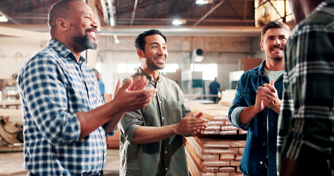 Carpentry, applause and people in meeting in workshop for woodworking, timber business and success. Carpenter, collaboration and workers clapping hands for lumber production, support and promotion