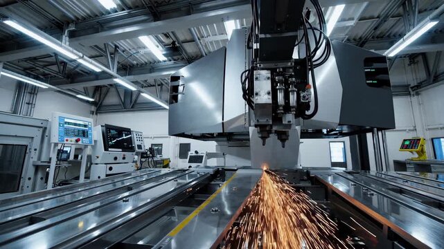 Precision CNC machine automation for metal cutting with industrial sparks, advanced technology, and modern factory environment showcasing high tech