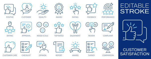 Naklejka premium Customer satisfaction line icons set, feedback concept. Rating, approval, performance, enjoyment, and opinion symbols. Editable stroke.