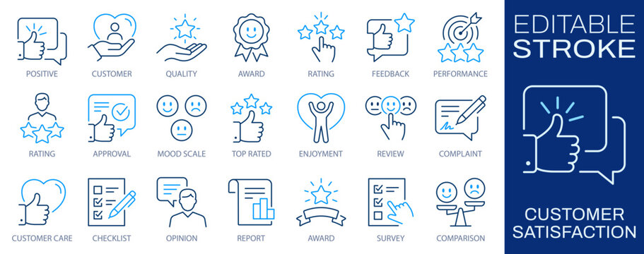 Customer satisfaction line icons set, feedback concept. Rating, approval, performance, enjoyment, and opinion symbols. Editable stroke.