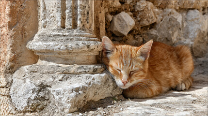 Peaceful ginger cat resting in calm contentment against an ancient stone column. quiet moment for an animal at an outdoor historical ruin