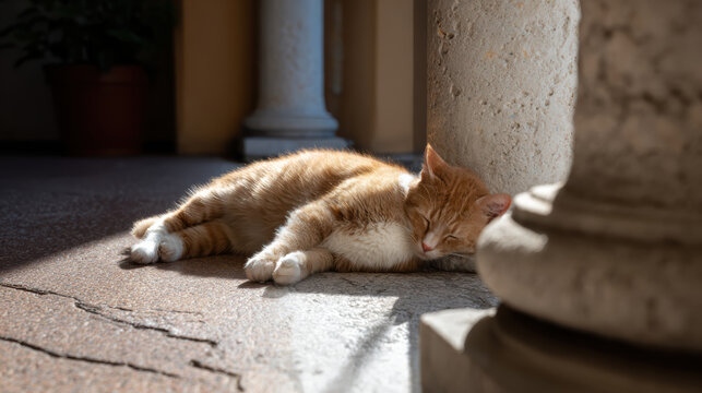 Peaceful ginger cat sleeping outdoors in warm sunlight. stray animal napping and resting on stone floor next to an old historic column - Powered by Adobe