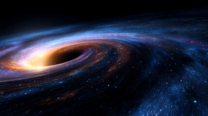 A swirling black hole in space with glowing blue and orange accretion disk, surrounded by stars and cosmic dust, illustrating a dynamic cosmic phenomenon