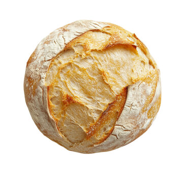 Rustic round loaf of crusty artisan bread on a transparent background