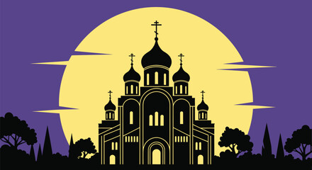 Majestic cathedral silhouette against a luminous full moon at twilight, evoking a sense of peace and history.