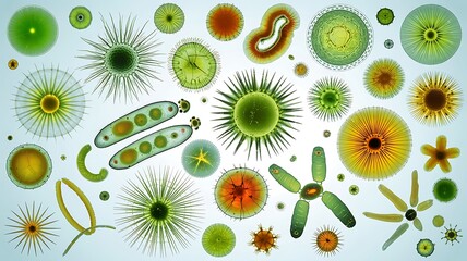 Microscopic view of diverse phytoplankton and zooplankton organisms with vibrant colors and intricate cellular structures against a bright background