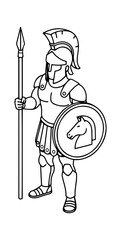 A line art illustration of a Spartan warrior holding a spear and shield, featuring a horse emblem.