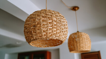 Cozy interior with natural material wicker pendant lamp hanging from white ceiling. Warm relaxing home decor with minimalist bohemian style