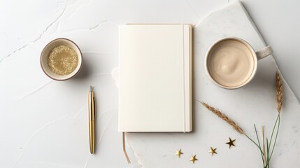 Minimalist New Year Resolution Flat Lay with Blank Notebook Brass Pen and Gold Confetti on Marble Background for Planning Concept