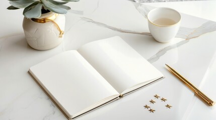 Minimalist New Year Resolution Flat Lay with Blank Notebook Brass Pen and Gold Confetti on Marble Background for Planning Concept