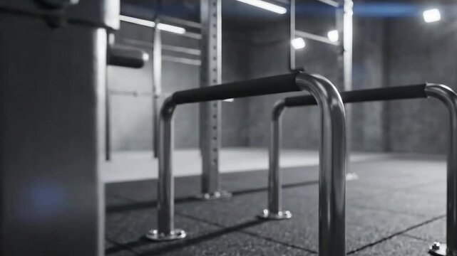 Gym equipment close-up A focused perspective on parallel bars in a modern, well-lit fitness space