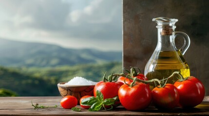 Rustic Farm to Table Still Life with Heirloom Tomatoes on Vine Olive Oil and Sea Salt on Old Wooden Surface showing Fresh Seasonal Harvest