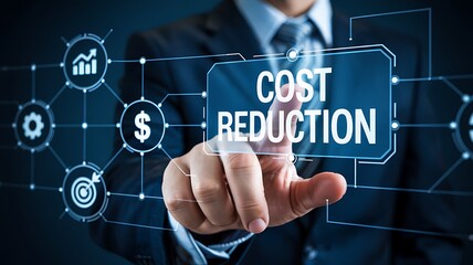 Businessman touching a digital screen displaying cost reduction with icons representing financial growth and business strategy planning