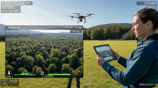4K drone footage of a woman controlling a drone over a forest using a tablet, capturing aerial views of the landscape and environment