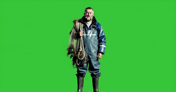 Fisherman in waders with net and rope on green screen.