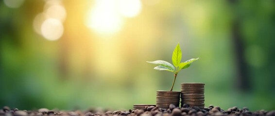 Stacked coins with a growing seedling symbolize financial growth; a gentle breeze sways leaves while the camera slowly pans through a sunlit forest in a cinematic style.