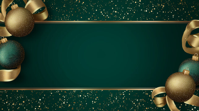 Luxurious Christmas background, deep emerald green with metallic gold ornaments along the borders, elegant ribbon details, soft golden sparkles, refined and upscale style