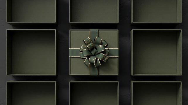 Overhead view of a single green gift box with a decorative ribbon and bow surrounded by empty open boxes