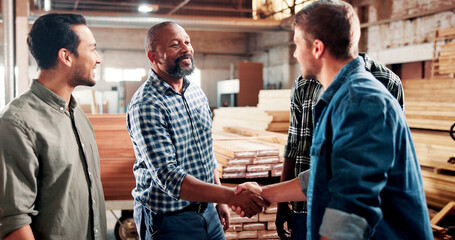 Carpentry team, handshake and people in workshop for woodworking, timber business and agreement. Carpenter, collaboration and workers shaking hands for lumber production, promotion and partnership
