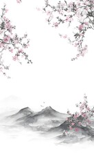 Obraz premium Serene sakura blossoms frame distant mountains in elegant ink wash art evoking timeless beauty