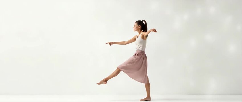 Graceful dancer leaps elegantly in a minimalist studio, with the camera smoothly tracking her motion as soft light flickers gently, creating a serene, cinematic ambiance. - Powered by Adobe
