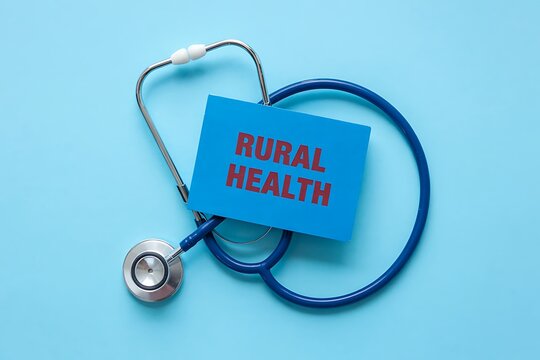 A stethoscope rests on a vibrant blue background next to a bright blue card with the words rural health written in red