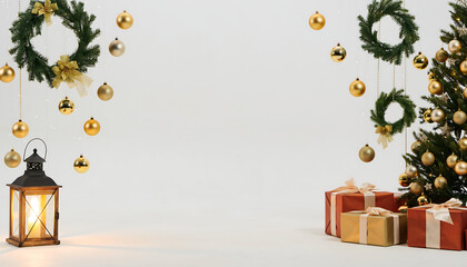 Elegant Christmas scene with festive ornaments, wreaths, and glowing lantern, perfect for holiday greetings and seasonal promotions, evoking warmth and joy