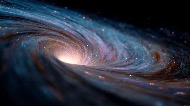 A luminous spiral galaxy swirling in deep space, featuring glowing stars and cosmic dust converging toward a bright core in the vast universe - Powered by Adobe