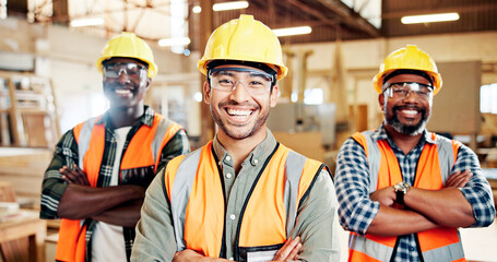 Happy, portrait and men with arms crossed, woodwork and confident for craftsmanship or manufacturing. Colleagues, artisan and people with smile for production, pride and career growth in warehouse