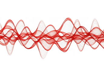 Dynamic red wavy lines forming an abstract pattern, symbolizing sound, frequency, or digital data flow, isolated on transparent background