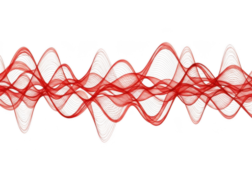 Dynamic red wavy lines forming an abstract pattern, symbolizing sound, frequency, or digital data flow, isolated on transparent background