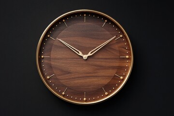 Walnut wood wall clock with brass frame and minimalist markers on dark background