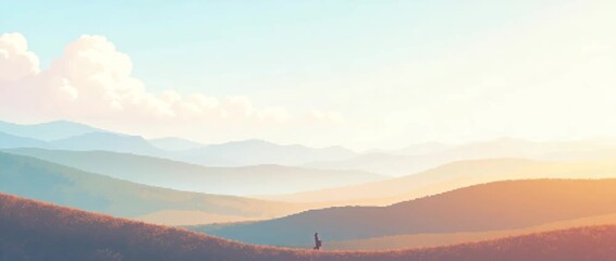 Serene mountain landscape with a lone hiker traversing rolling hills; camera pans slowly as sunlight gently shifts, creating a peaceful, cinematic ambiance ideal for travel and nature themes.