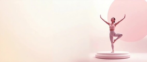 Elegant yoga pose on a minimalist platform with gentle ambient lighting, slow camera pan enhancing serene, harmonious atmosphere; ideal for wellness and mindfulness themes.