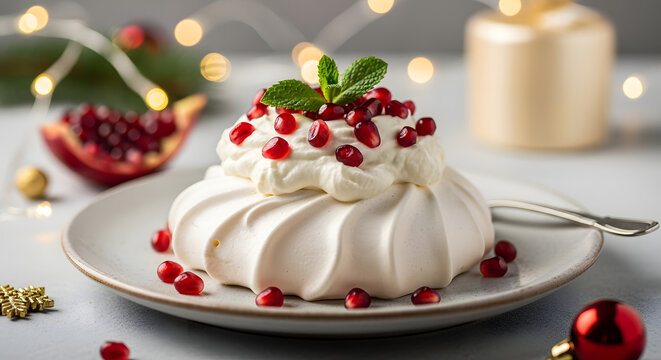 Festive Pavlova Dessert with Pomegranate Seeds and Mint Sprig Celebrating a Holiday Season - Powered by Adobe