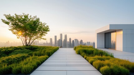Wide Landscape View of expansive Green Roof with Sedum Plants on Modern City Building at Dusk showing Urban Sustainability and Architecture