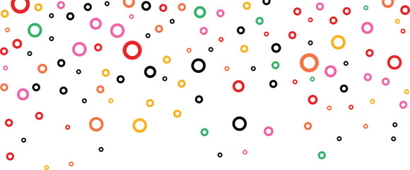 Colorful confetti circle rings background. Round doodle shapes scattered in playful pattern. Festive celebration decoration for party, birthday and modern graphic design. Vector illustration.
