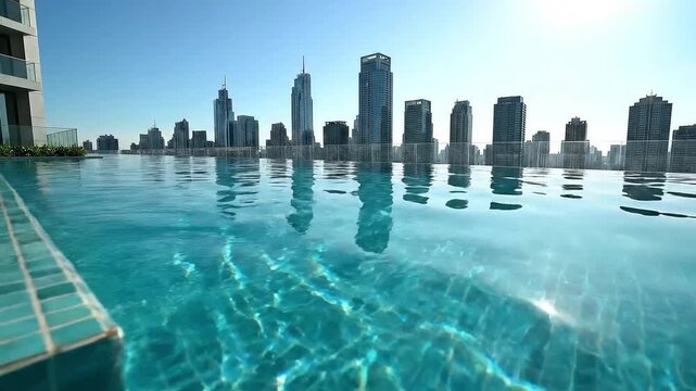 Infinity pool on a skyscraper rooftop, offering a panoramic view of a vibrant city skyline under a brilliant blue sky