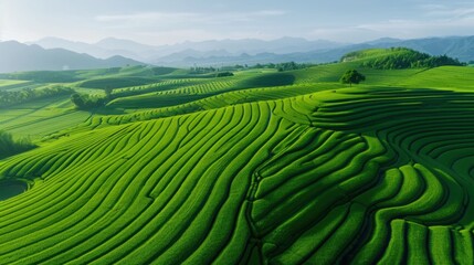 Aerial Top Down Drone View of Sustainable Contour Farming Layout with Geometric Green Crop Patterns illustrating Agricultural Land Management and Texture