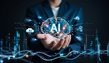 Person holding a glowing digital brain with the letters ai prominently displayed representing artificial intelligence and future technology concepts