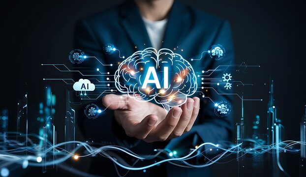 Person holding a glowing digital brain with the letters ai prominently displayed representing artificial intelligence and future technology concepts