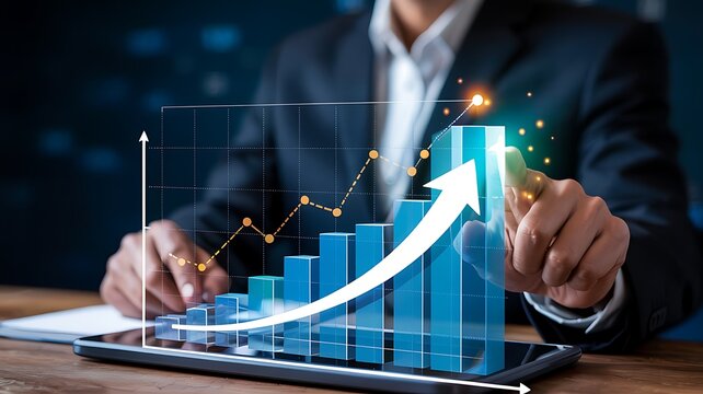 Business professional analyzing upward trending financial growth chart on digital tablet with holographic data visualization - Powered by Adobe