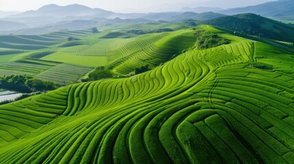 Aerial Top Down Drone View of Sustainable Contour Farming Layout with Geometric Green Crop Patterns illustrating Agricultural Land Management and Texture