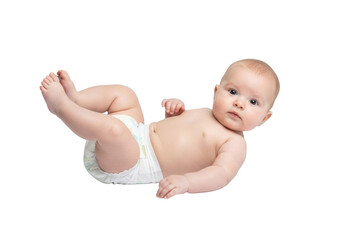 A fair-skinned infant, 3-6 months, in a transparent diaper, lying on its back, looking curiously at camera on transparent with subtle reflections, concept of innocence and new beginnings